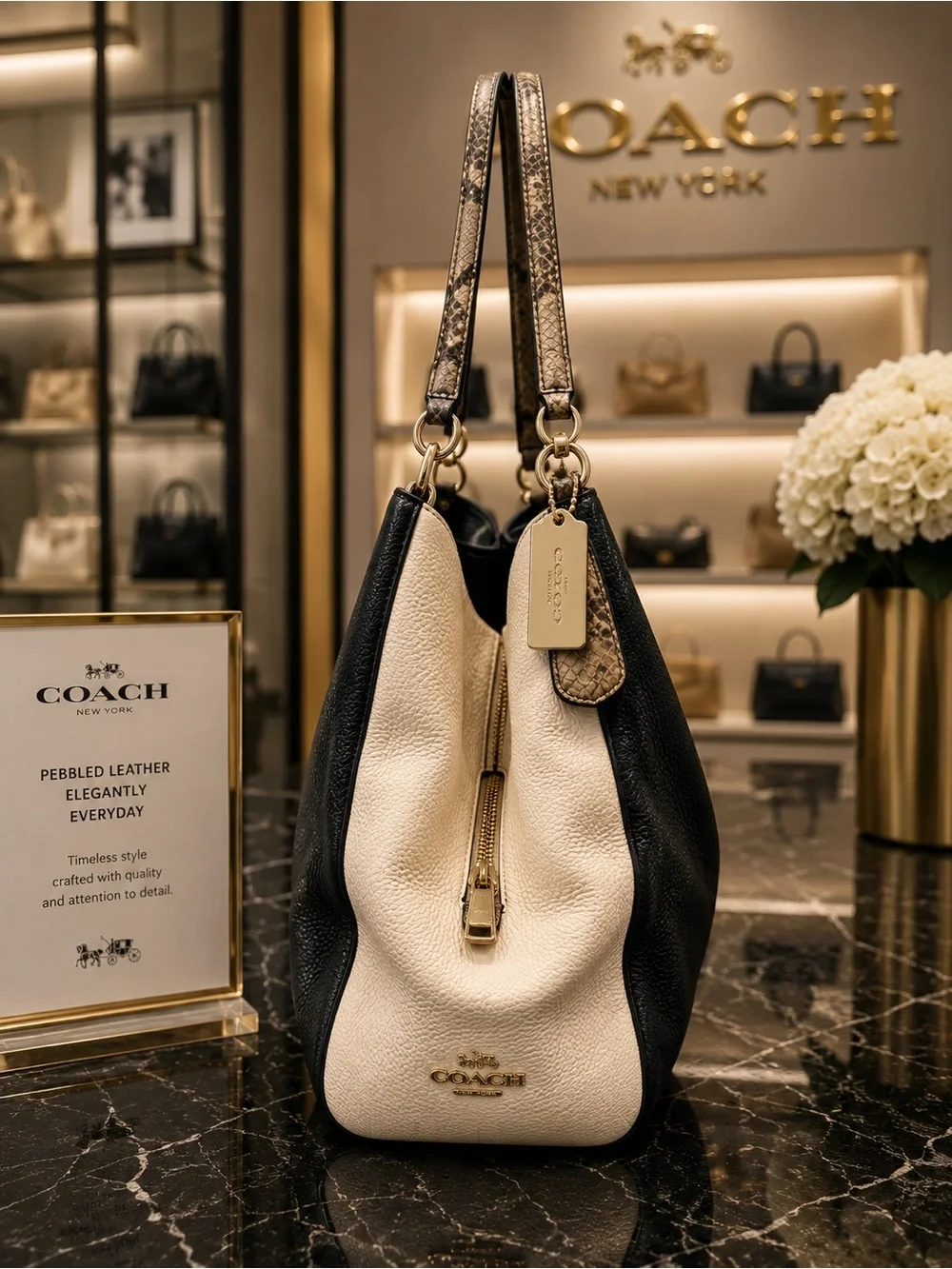Coach Maddison Phoebe Colorblock Shoulder Bag Black Cream Python Trim F35893